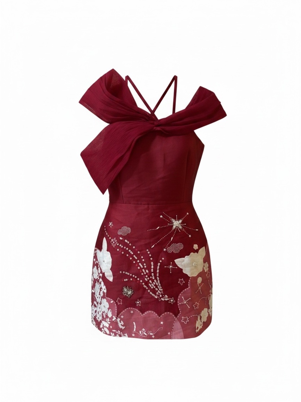 Wine Red Sequined Jeweled Embellished Bow-Shoulder Mini Dress
